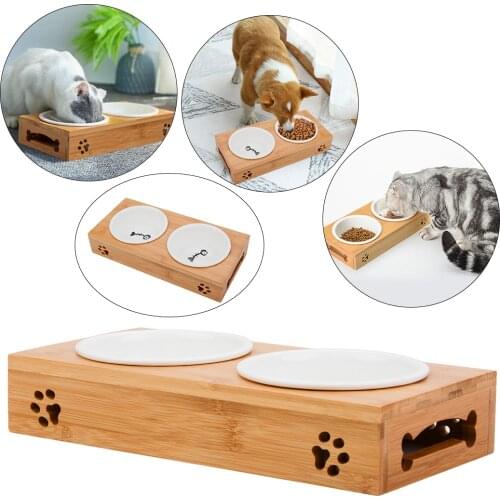 Pet Ceramic Feeding Water Bowls Cat Bowls Non Skid Pet Feeder Bowl Pet Food Bowl With Bamboo Stand For Dogs Cats Random Design