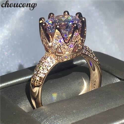 Choucong Female Anniversary Crown ring Round 4ct Clear 5A zircon Cz Rose Gold Filled 925 silver Wedding Band Rings For Women