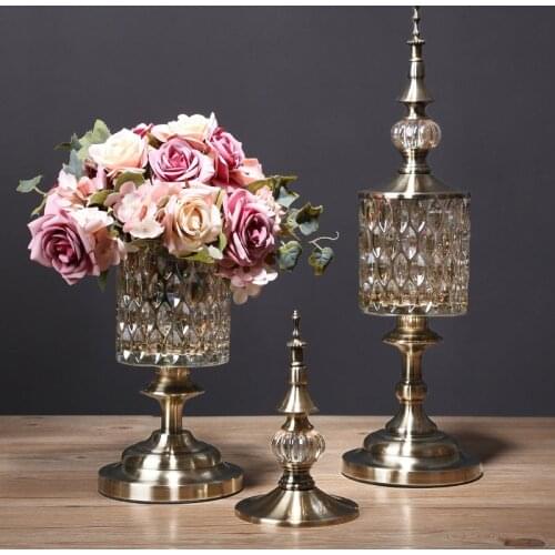Creative Metal Crystal Glass Vase Candy Jar Modern Home Decoration Simulation Flower Dining Table Flower Arrangement Accessories