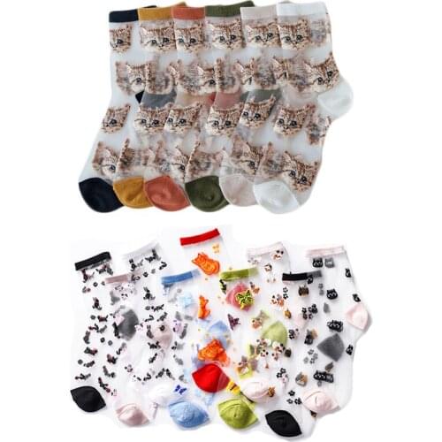 Lace Womens Socks Cartoon Soft Funny Kawaii Harajuku Transparent Crystal Silk Fox Cat Butterfly Comfy Sheer Spring Summer Sock