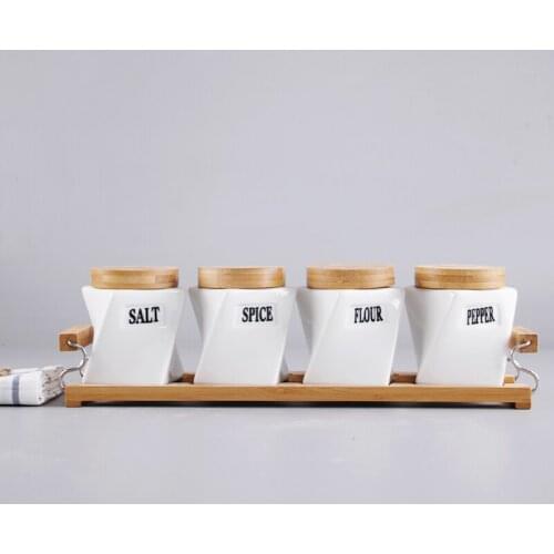 Kitchen Storage supplies Bamboo&wood ceramic seasoning jar 4piece set + handle tray sealed tank sauce bottle seasoning box set