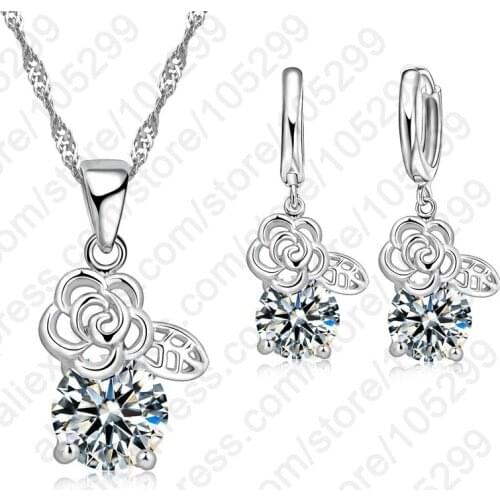 Top Sale 925 Sterling Silver Cubic Zircon Hollow Out Flower Pendant Necklace/Earring Jewelry Sets Women Gifts