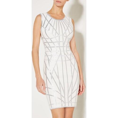 Pretty Special Foiled Silver Stripe New Style Bandage Dress Sleeveless Round Neck Women Cut Out Mini Bodycon Feminine Dress