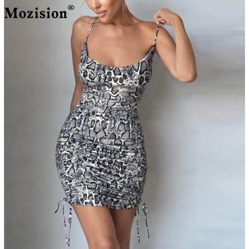 Mozision Spaghetti Strap Snake Print Dress For Women Backless Drawstring Skinny Dress 2021 New Zipper Party Club Dress Vestidos