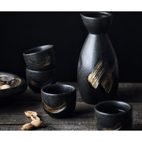 5Pcs Retro Japanese Sake Set Ceramic Flagon Liquor Cup 1 Pot 4 Cups Home Bar Sake White Wine Pot Creative Drinkware Gifts