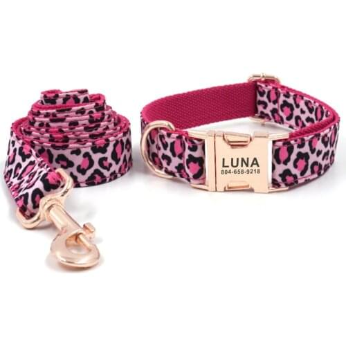 Personalized Dog Collar Customized Pet Collars Free Engraving ID Nameplate Tag Pet Accessory Pink Leopard Puppy Collar Leash Set
