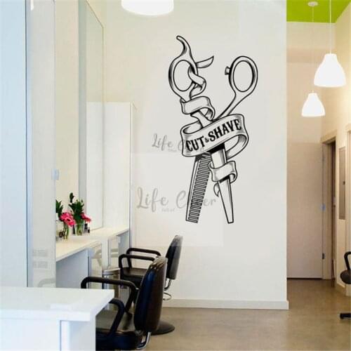 Hair Cut Scissors Vinyl Wall Sticker Removable Hair Salon Window Poster Cut And Shave Wall Art Decal Barbershop Sign Mural AC034