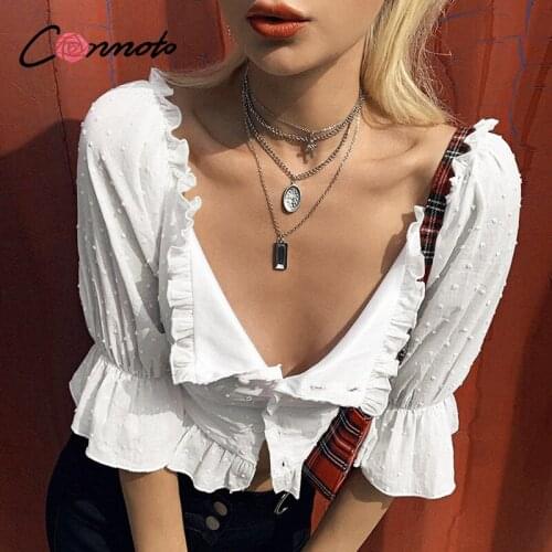 Conmoto sexy off shoulder ruffles white blouse women casual polka dot summer 2020 blouse shirts blouses shirt button crop top