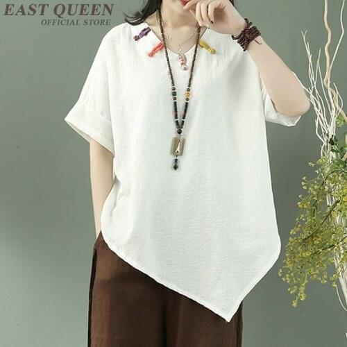 Chinese Style Clothing Women Asymmetric Summer T Shirt Women New Short Sleeve Solid Color Casual Ladies Chinese Tops TA1775