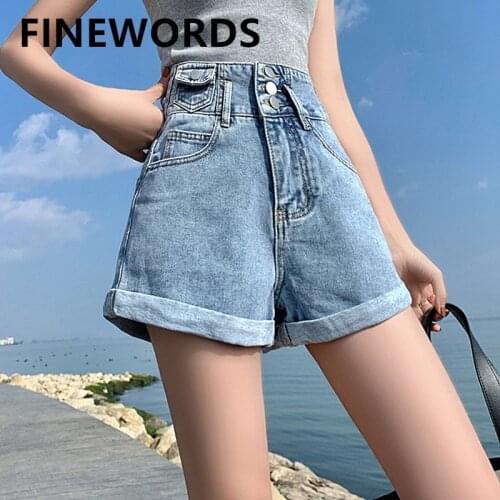 FINEWORDS 3 Button High Waist Shorts Jeans Women With Small Pocket Summer Denim Shorts Korean Casual Cuff Wide Leg Short Pants