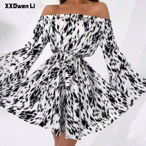 Sexy Off Shoulder Print Petal Sleeve Mini Dress For Woman Summer 2021 Casual Loose Belt Elastic Waist Slash Neck Women Clothing