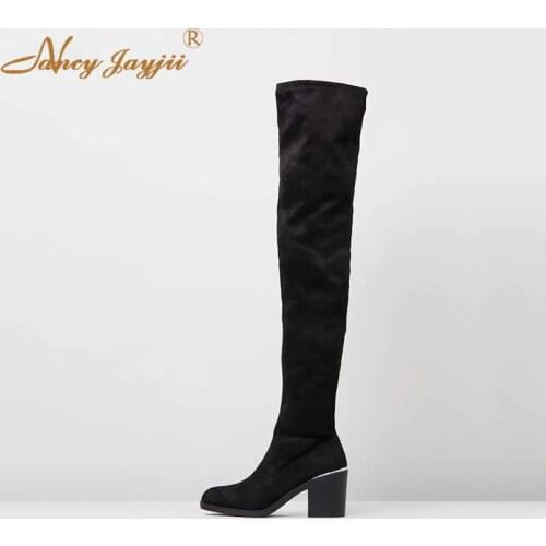 Flock Women Shoes Adult ladies Black Boots Over-the-knee Slip-On High Square heel Winter Solid Mature Leisure Party Fashion 2019