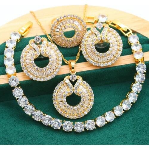 Gold Color Jewelry Sets For Women Party White Crystal Earrings Necklace Pendant Wedding Bride Ring Christmas Gift 3PCS