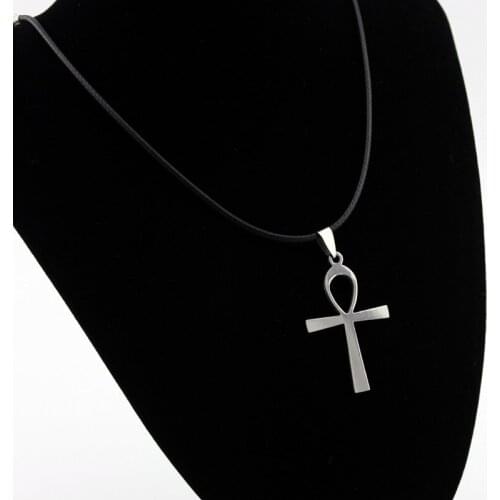 10 piece/lot Cross Necklaces Silver Anka Pendant Stainless Steel Amulet Charm PU Cord Chain Choker Fashion Jewelry Accessories