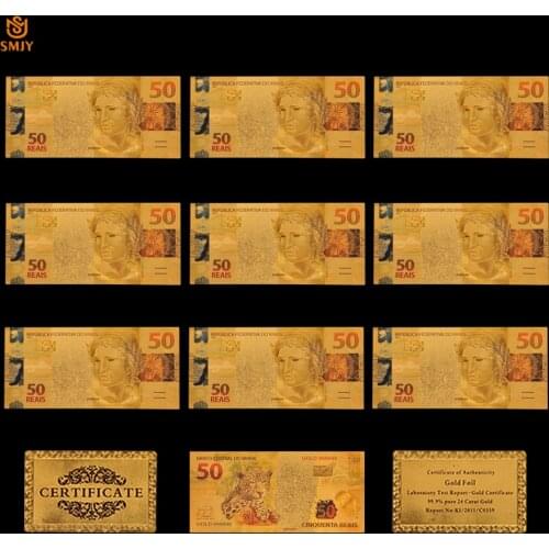 10Pcs/Lot Souvenir Brazilian Color Gold Banknote Set 50 Reals Replica Money Collection And Artist Home Decoration Gifts