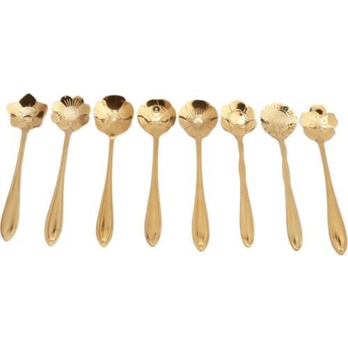 8PCs/ Set Cherry Blossoms Stainless Steel Tea Coffee Spoon Teaspoons Ice Cream Sugar Flatware Gold Kitchen Tableware