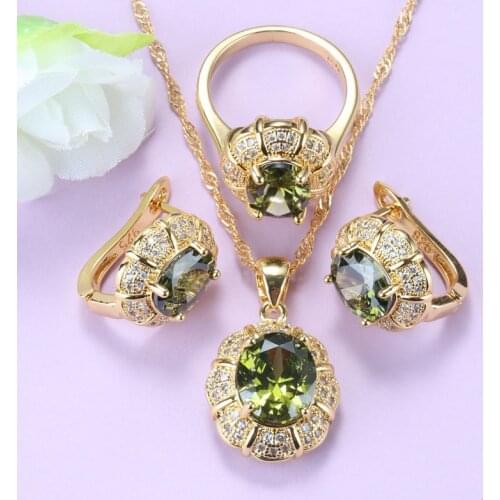 Brazilian Gold Color Jewelry Set For Women Wedding-Party Fashion Costume Olive Green Zircon Necklace And Clip Earrings Sets Gift