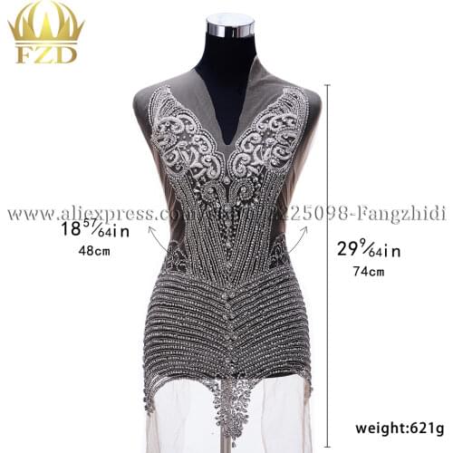 FZD 1 Piece Silver All rhinestones Crystal Stone Beaded Bodice Patches beads Apprarel for Wedding Dresses, DIY Decorative Cloth