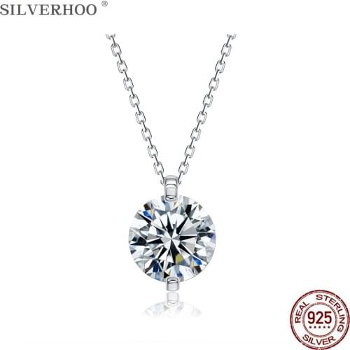 SILVERHOO 925 Sterling Silver Invisible Chain Necklaces For Women Round Clear Cubic Zirconia Pendants Necklace Fine Jewelry Gift