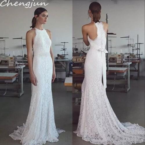 Chengjun O-Neck Sleeveless Beach White Lace Mermaid Wedding Dresses With Sashes