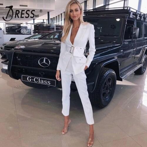 INDRESSME Trendy Two-Piece Set V Neck Long Sleeve Gold-Studded Detail Buckle Belt Blazer Straight Pants 2019 New Lady Suits