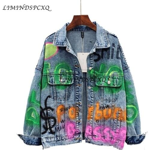 Jean Jacket Women Denim Jackets New Outerwear Letter Oversize Print Female Coats Graffiti Turn-Down Collar Tops Casaco Chaquetas