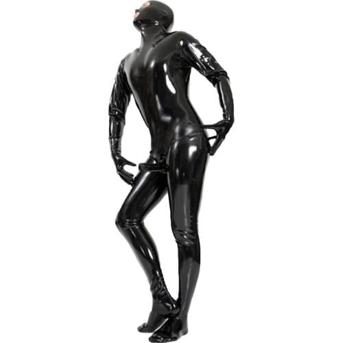 Mens Stretch PVC Bodysuit With Penis Sleeves Sexy Open Eye PVC Wetlook Leather Latex Catsuit Hot Erotic Gay Fetish Wear Costume
