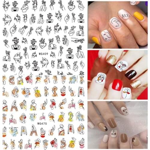 1 Sheet 3D Nail Stickers Women Face Nail Decals Sexy Girl Flower Decals Water Transfer Sliders Line Floral Foil Wraps Decoration