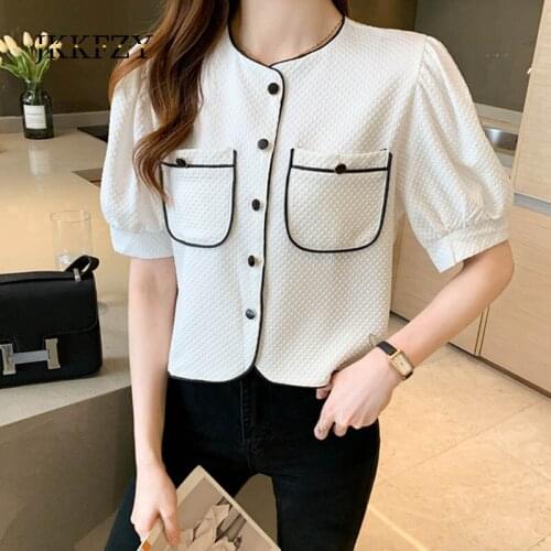 Summer 2021 New Korean Round Neck All-Match Slim Shirt Woman Solid Color Short-Sleeved Tops Fashion Single-Breasted Pocket Blous