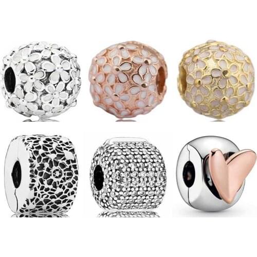 Original Pave Daisy Meadow Etched Layers Of Lace Clip Stopper Bead Fit Pandora 925 Sterling Silver Charm Bracelet DIY Jewelry