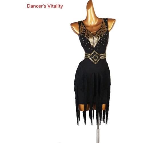 Latin Dance Competition Dress New Performance Dress High-grade Black Chinese Sexy Tassel Sleeveless Latin Dance Dress