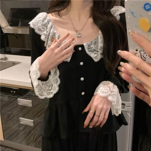 QWEEK Kawaii Pajamas for Women Korean Sleepwear Lace Pijamas Cute Pyjamas Set Woman 2 Pieces Homewear Autumn Clothes Room Wear