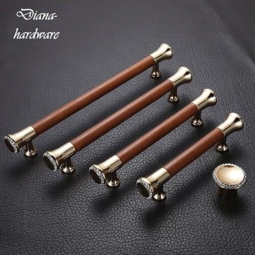 Luxury Red Leather + Diamond Cabinet Door Handle Crystal Drawer Knob Wardrobe Closet Door Pull Decor Furniture Handles Hardware