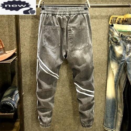 Vintage Gray Ankle Length Trousers Mens Jeans Korean Fashion Splice Lace Up Loose Harem Autumn Casual Men Denim Pants