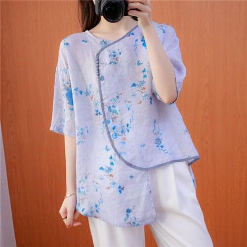 Women Cotton Linen Casual T-shirts New Arrival 2021 Vintage Style V-neck Floral Print Loose Female Short Sleeve Tops Tees S4076