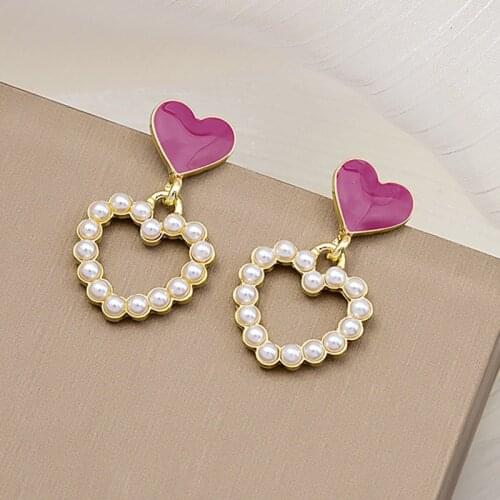 Hollow Love Pearl Earrings For Women Temperament New Fashion Silver Needle Sweet Wild Small Retro Peach Heart