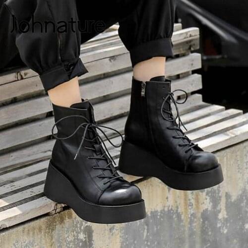 Johnature Winter Ankle Women Boots Zip Round Toe Women Shoes Genuine Leather 2021 New Wedges Lace-up Handmade Platform Boots