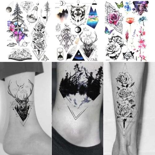 FANRUI Women Seductive Geometry Mountain Tattoo Flower Sticker Men Triangle Jungle Arm Temporary Tattoo Tribal Moose Fake Tatoo