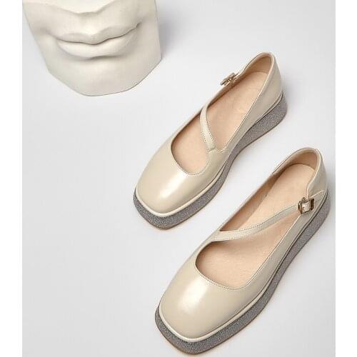 MEZEREON Buckle Strap Shoes Full Grain Leather Women Flats Fashion Square Toe Ladies Black Beige Casual Footwear Chaussure Femme