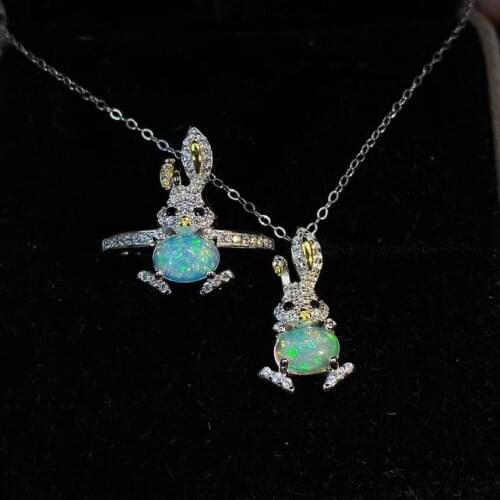 Lovely Rabbit opal Natural Opal jewelry set Natural Real Opal 925 sterling silver 1pc pendant,1pc ring