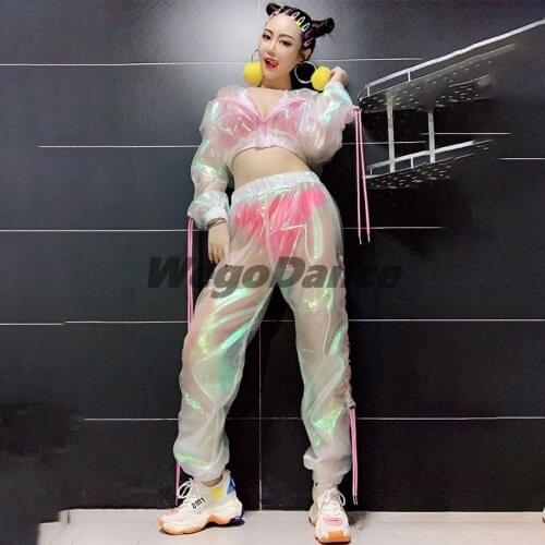 Women 's Holographic Hip Hop Set Jazz Cheerleading Bar Nightclub DJ Outfit Fashion Street Dance Costume Wear