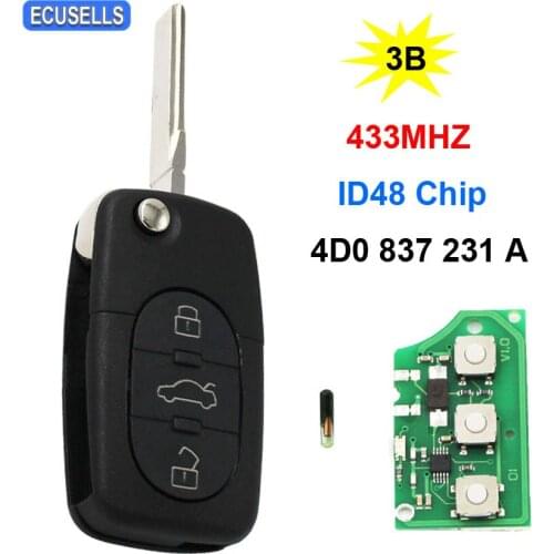 3 Button Folding Flip Remote Car Key 433MHZ 4D0 837 231 A ID48 Chip 4D0837231A HU66 Uncut Blade for Audi A3 A4 A6 A8 TT RS4