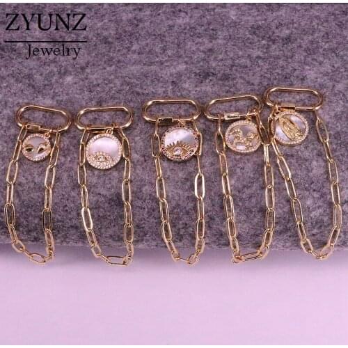 6PCS, Carabiner Shell Bracelet, CZ Micro Pave Mother of Pearl Bracelet, Screw Clasp Bracelet, CZ Micro Pave Chain Link Bracelets
