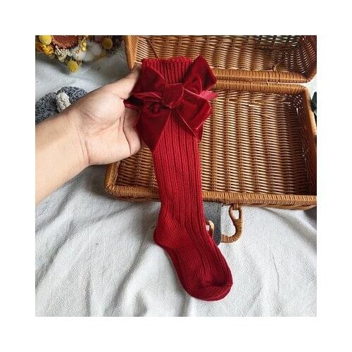 Baby Girl Cotton Socks Fashion Soft Winter Warm Solid Color Knee High/Crew Socks with Velvet Bow For Infants Toddlers