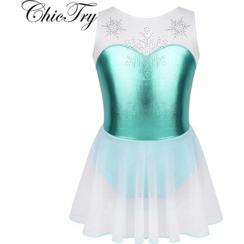 Kids Girls Dancewear Costume Sleeveless Shiny Rhinestone Snowflake Metallic Bodice Ballet Dance Gymnastics Leotard Tutu Dress