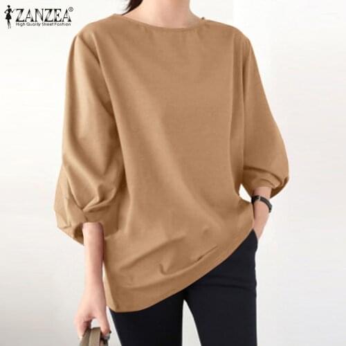 ZANZEA 2021 Elegant Summer O Neck Puff Sleeve Blouses Casual Womens Shirt Solid Tunic Tops Loose Blusas Chemise