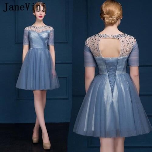 JaneVini Elegant A Line Plus Size Cocktail Dresses 2019 O Neck Short Sleeve Beaded Cheap Tulle Prom Party Gowns Vestido Cocktail