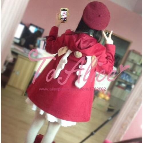 Kawaii Christmas Reindeer Horn & Tail Red Wool Blend Coat Long Outwear Winter Cape Cute