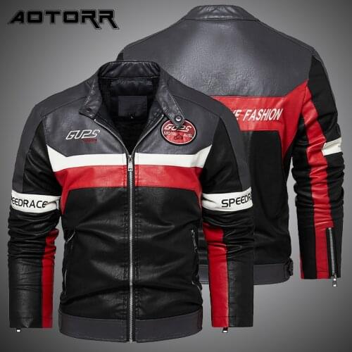 2021 Winter Fleece Cotton Leather Jacket Mens Casual Thick Coat Patchwork Biker Leather Jackets Printed Men Clothing Streetwear