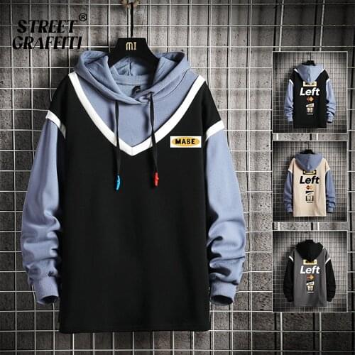 Mens Casual Sweatshirts Hoodie Vintage Painted Style Splicing Hip Hop Creativity Streetwear Male 2021 Fashion Cotton Men Hoodies